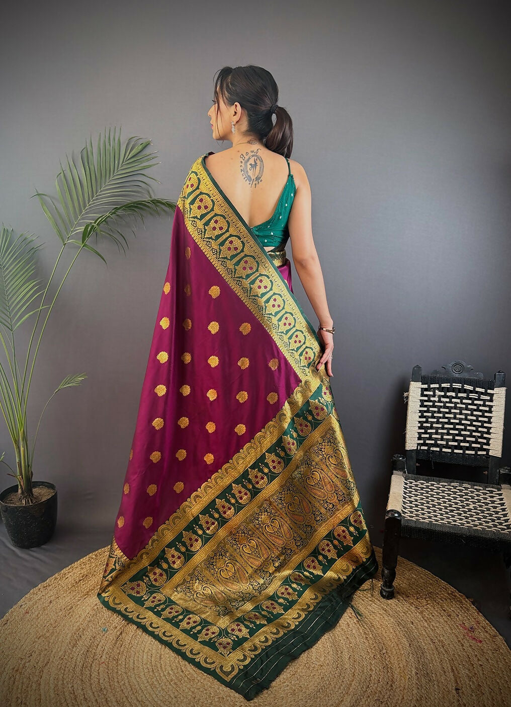 Green Banarasi Silk Saree with Traditional Butti Design