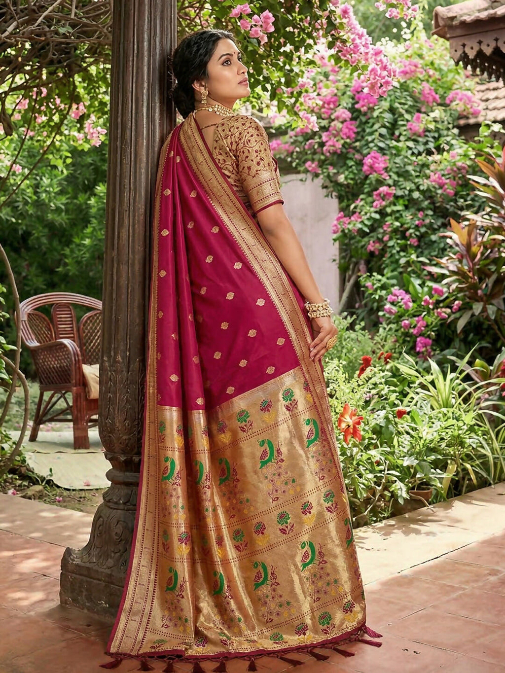 Pink Soft Silk Saree with Golden Blouse Piece