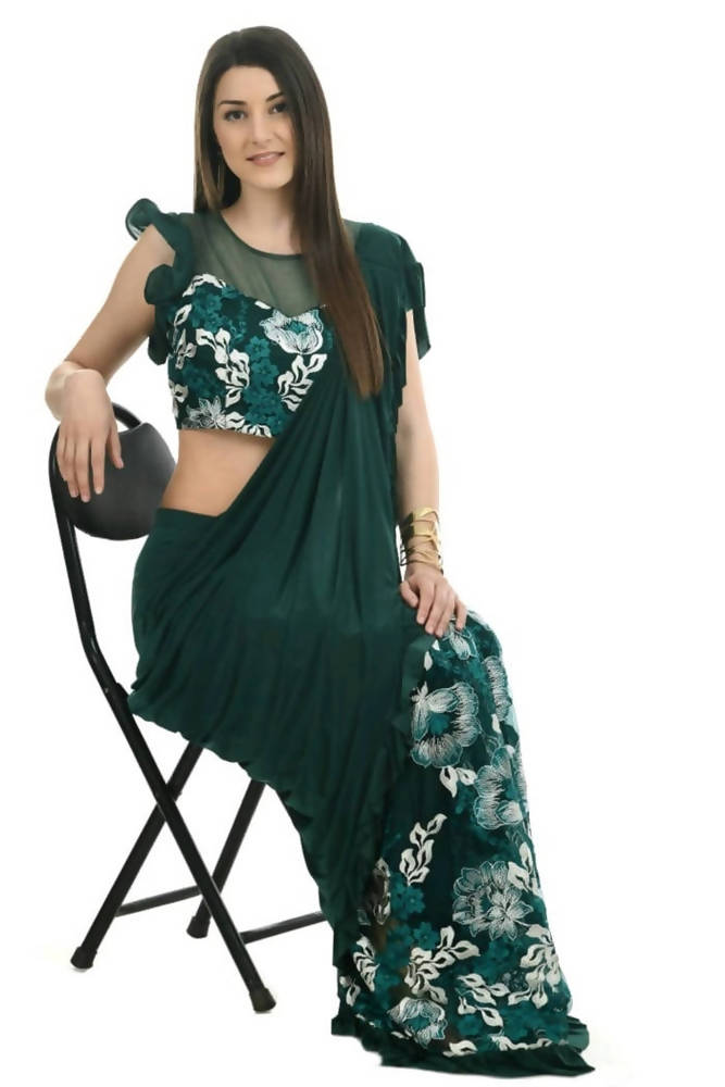 Bottle Green & White Thread Embroidered Ruffled Ready To Wear Saree
