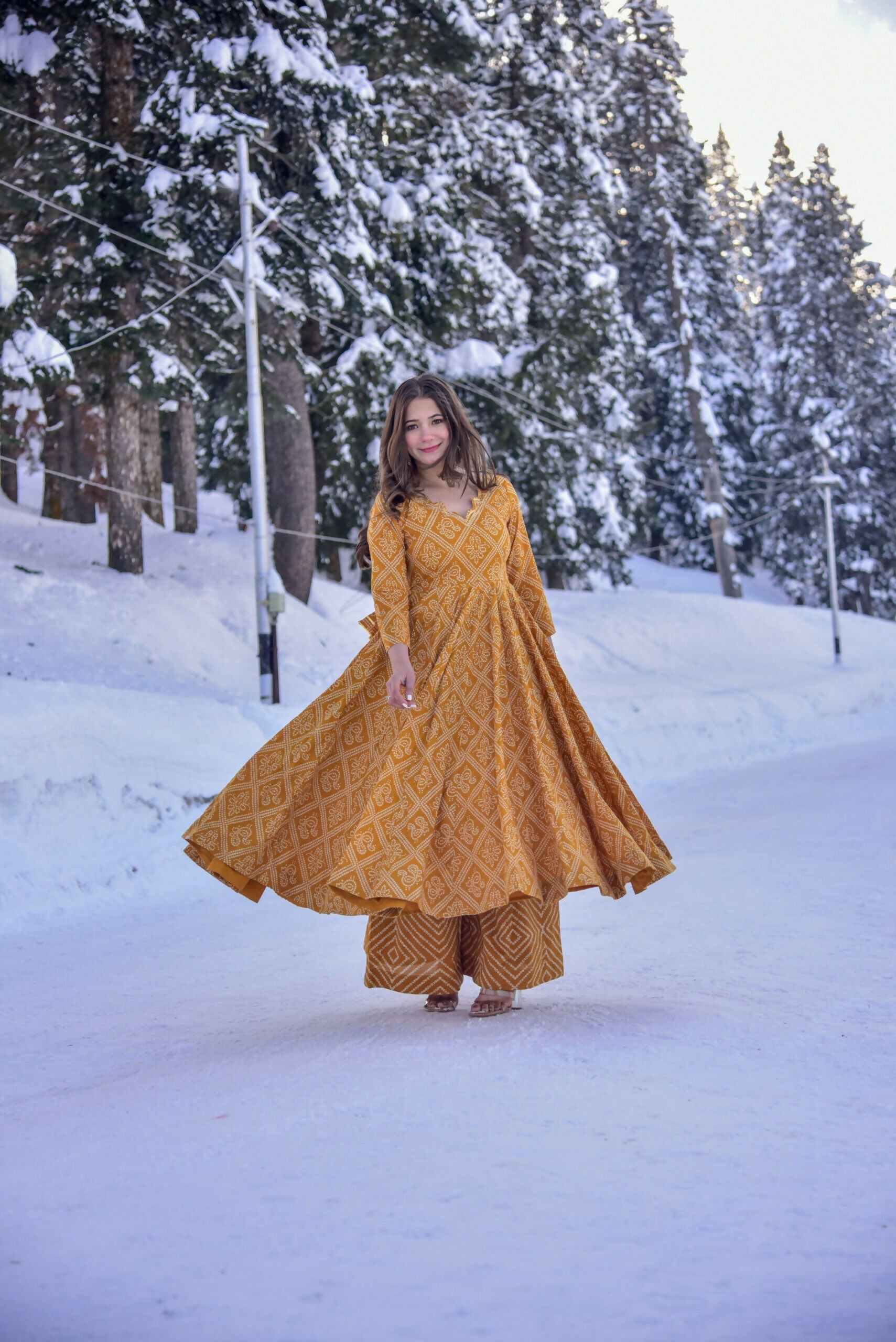 Mustard yellow cotton silk kurta and plazo set with heavy digital prints