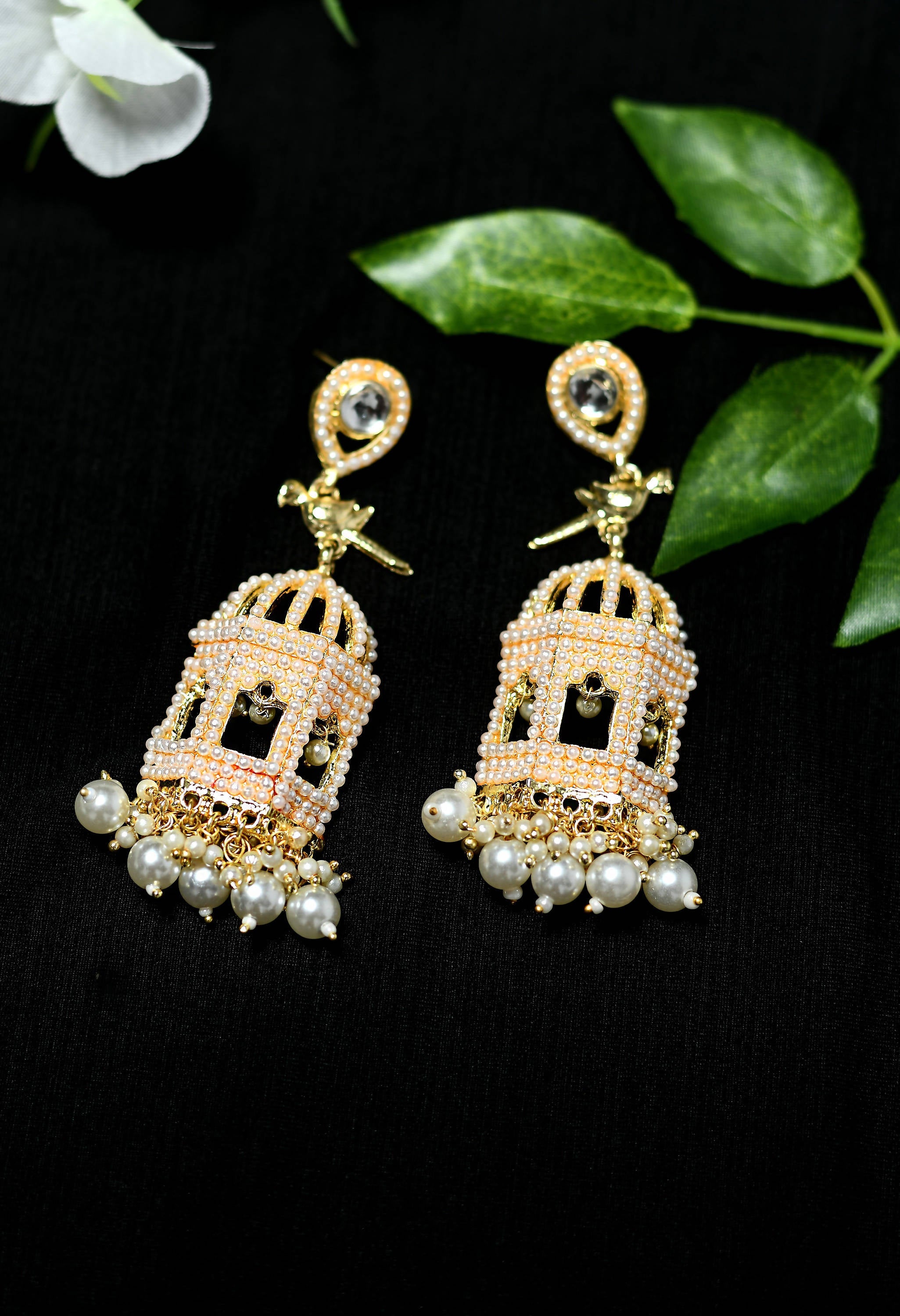 Golden Bird Nest Earrings with Pearls - Elegant Design