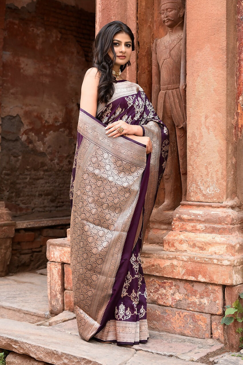 Plum Purple Pure Katan Handloom Banarasi Silk Saree
