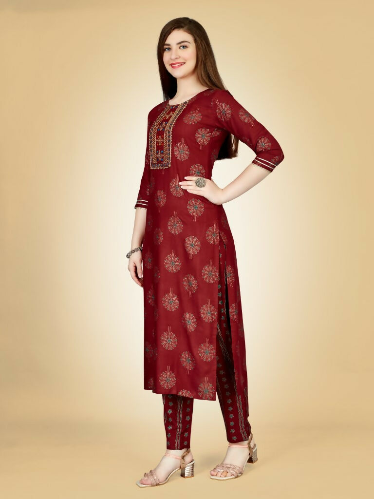 Women's Maroon Embroidered Viscose Rayon Straight Kurta Pant Set