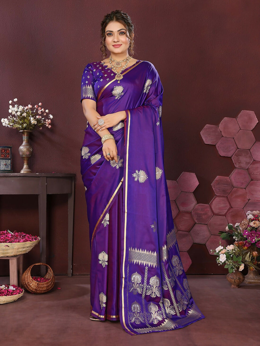 Purple Satin Silk Banarasi Saree with traditional floral motifs and unstitched blouse