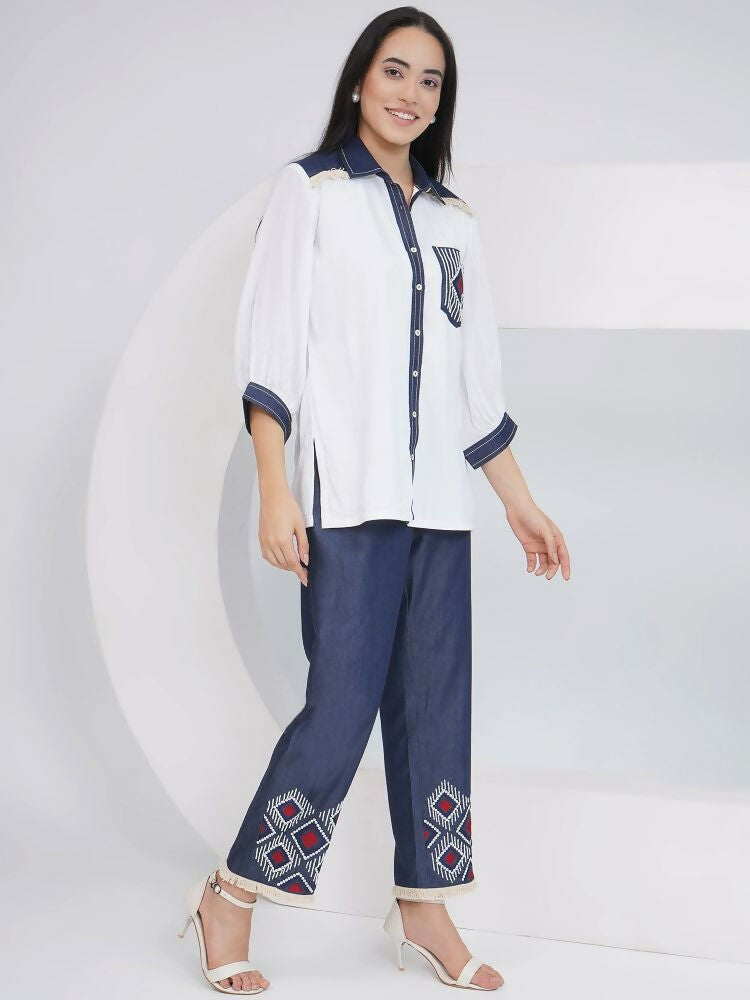 White Rayon Crepe Hand-Embellished Shirt and Embellished Pants Set