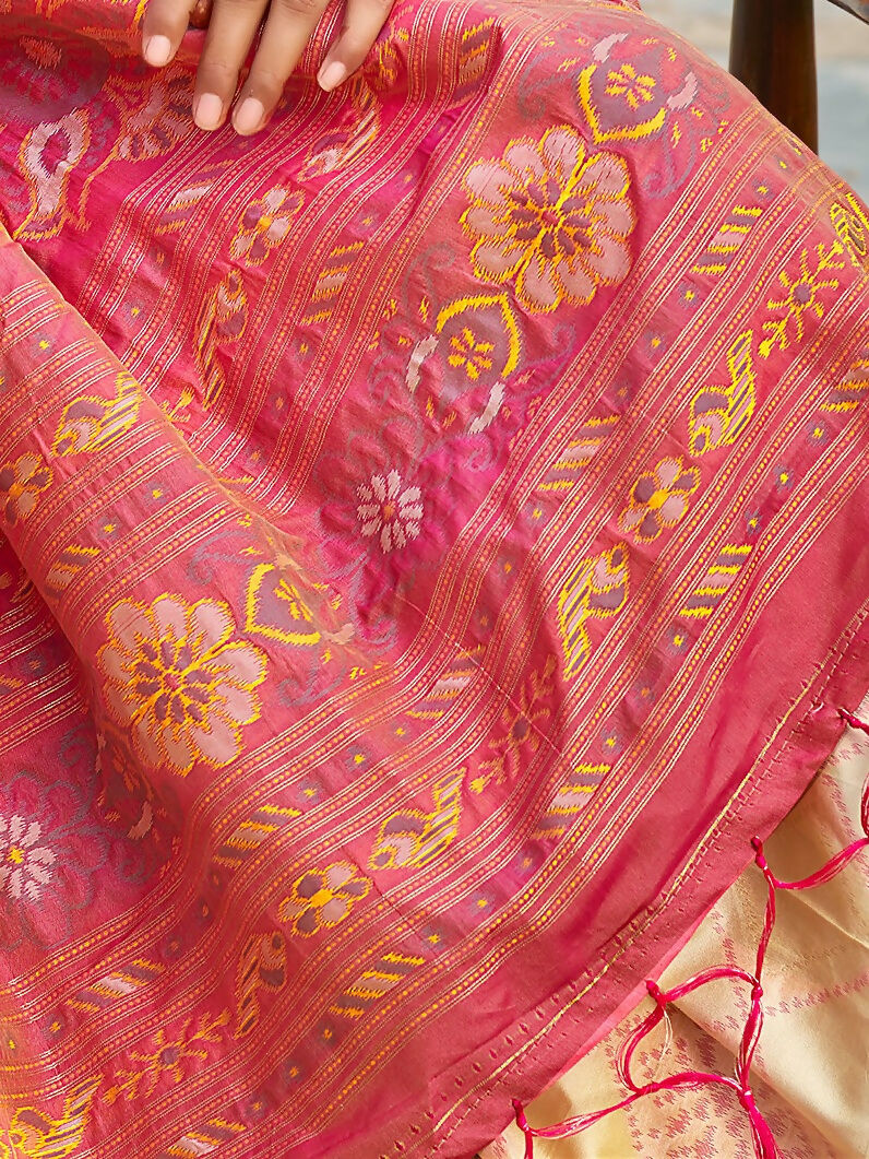 Cream Soft Silk Saree with Contrasting Pink Blouse