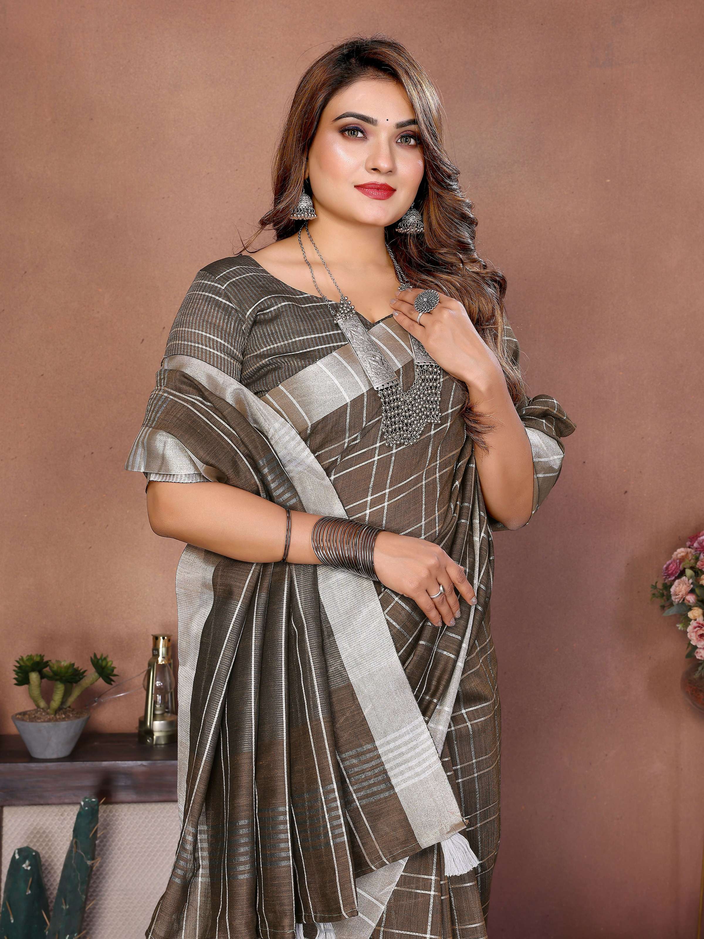 Light Brown Linen Weaving Saree with Elegant Traditional Drape