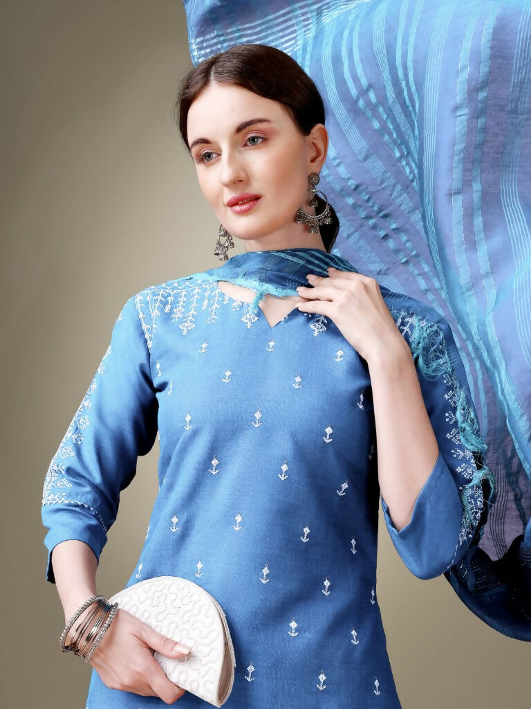 Sky Blue Cotton Blend Straight Kurta Set with Embroidery & Sequence