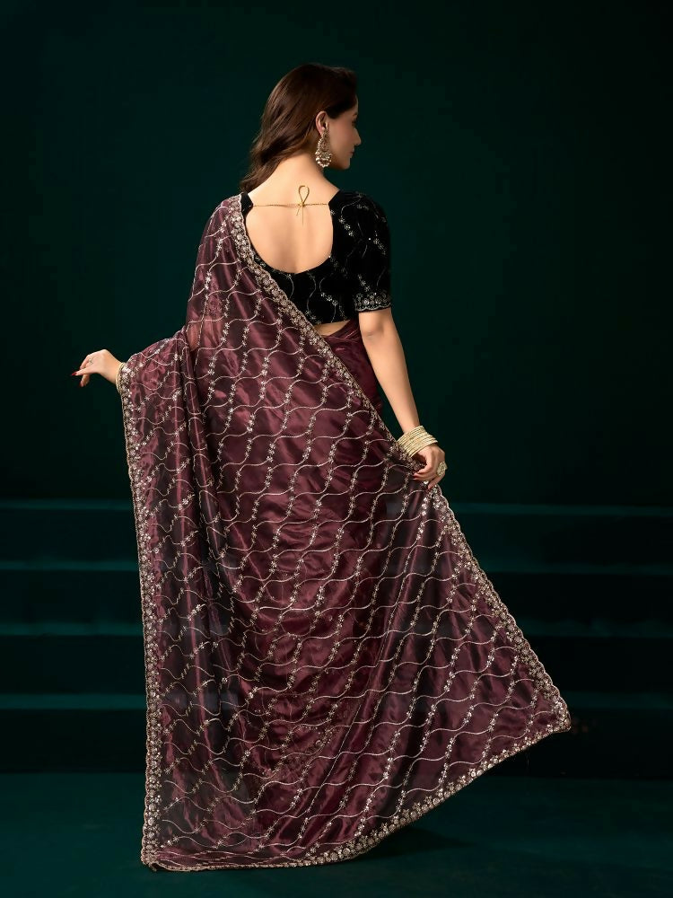 Maroon Net Party Wear Saree with Black Velvet Blouse
