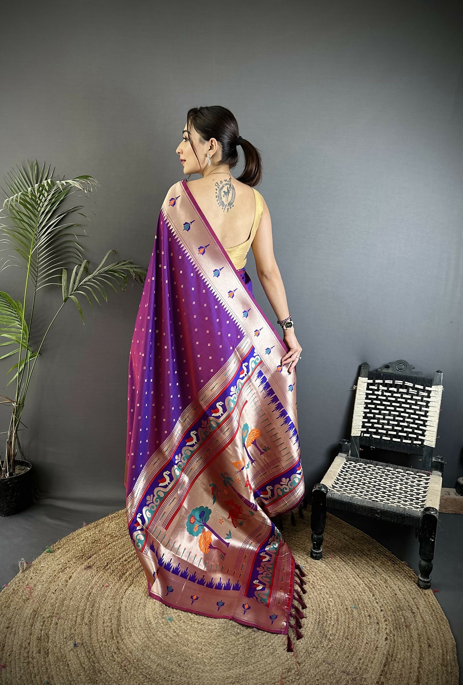 Joban Fashion Magenta Peacock & Floral Motifs Soft Lichi Silk Kanchipuram Saree