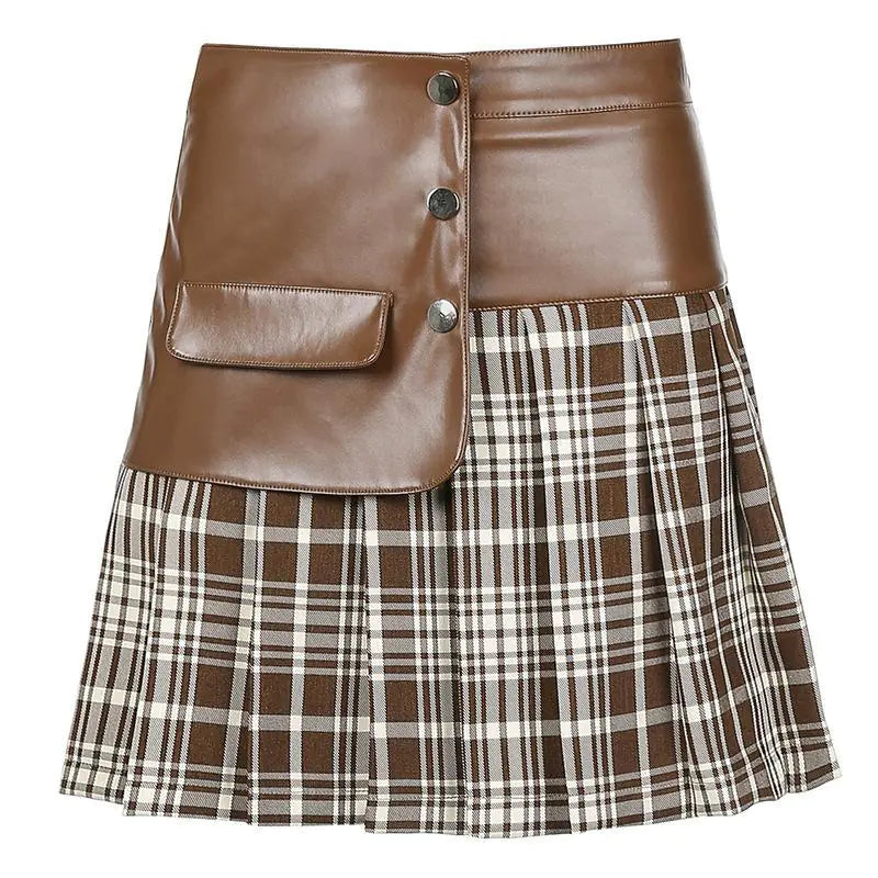 Women's Brown Faux Leather and Plaid Pleated Mini Skirt - Image 3