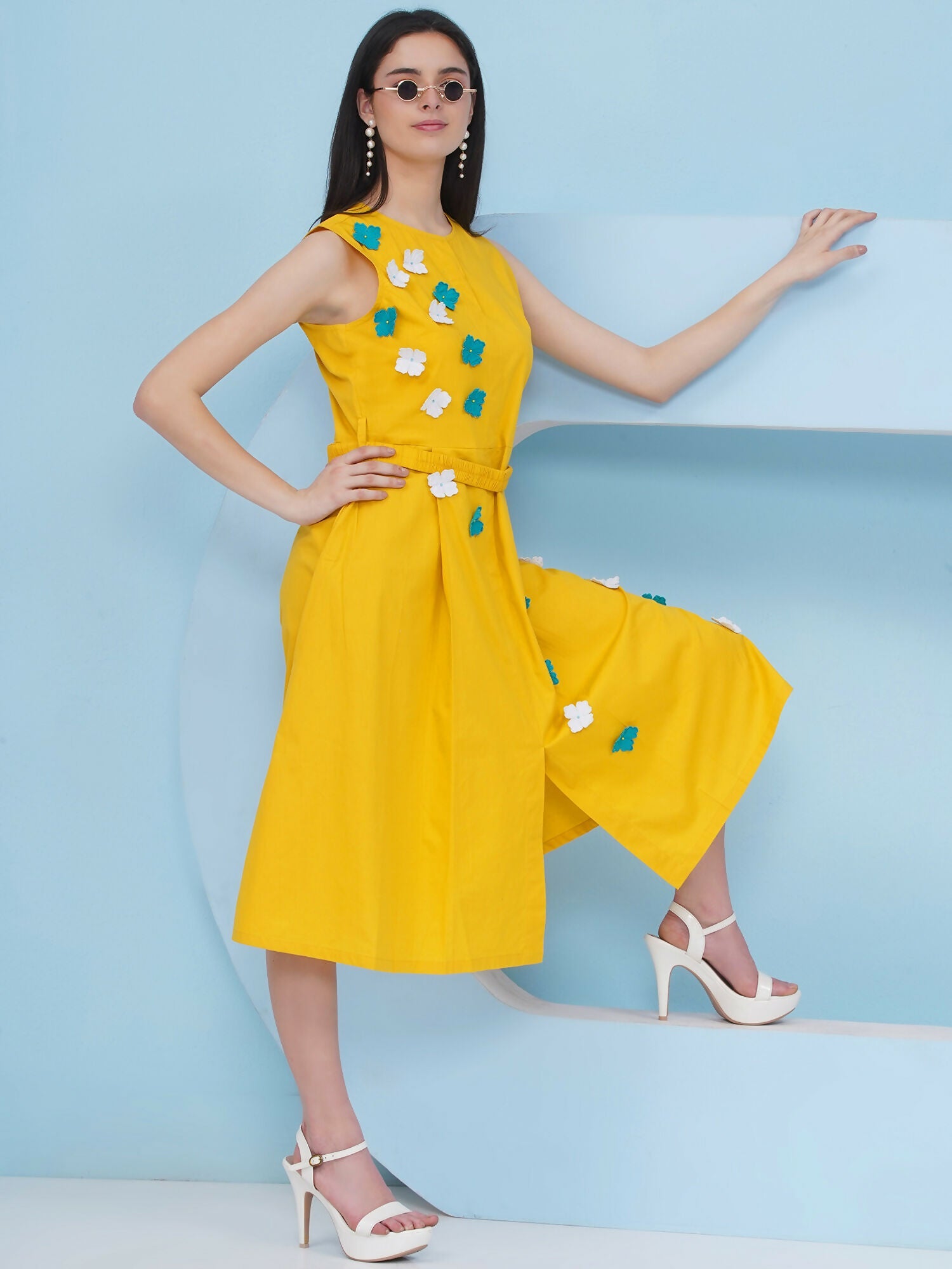 Yellow Dress with 3D Flower Embroidery and Belt