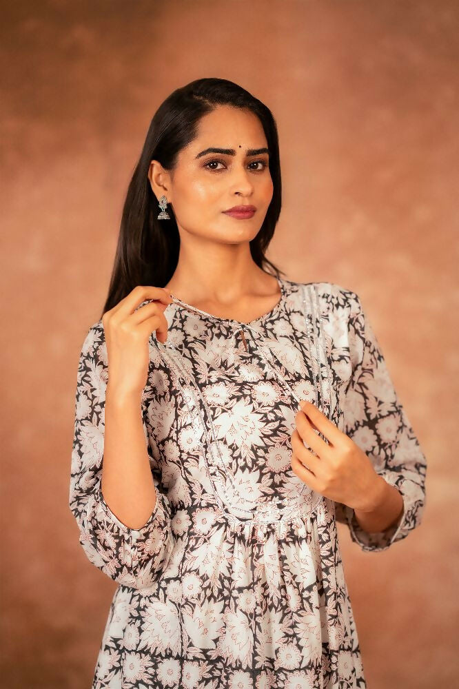 Black Floral Hand Block Printed Cotton Kurta Pant Set