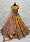 Golden bridal net lehenga choli with ornate dori and diamond embroidery