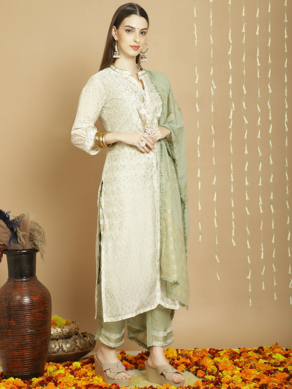 Off White Chanderi Silk A-Line Kurta Set with Jardoshi & Trousers