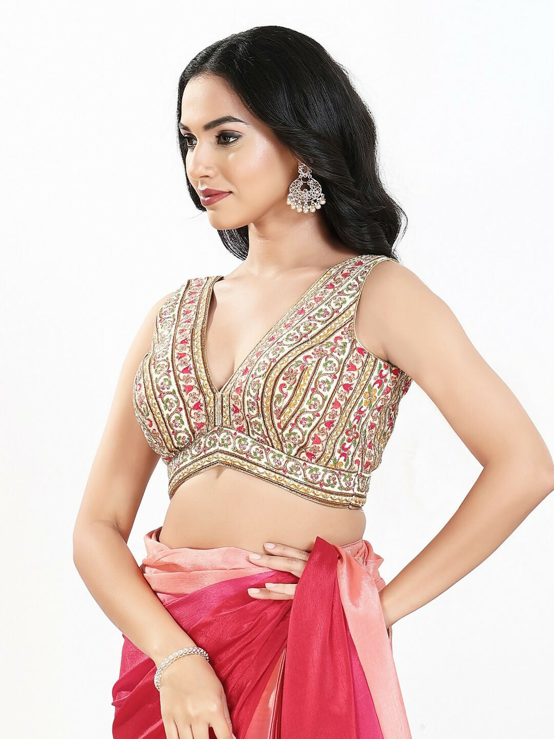Cream Multi Georgette V-Neck Sleeveless Padded Blouse