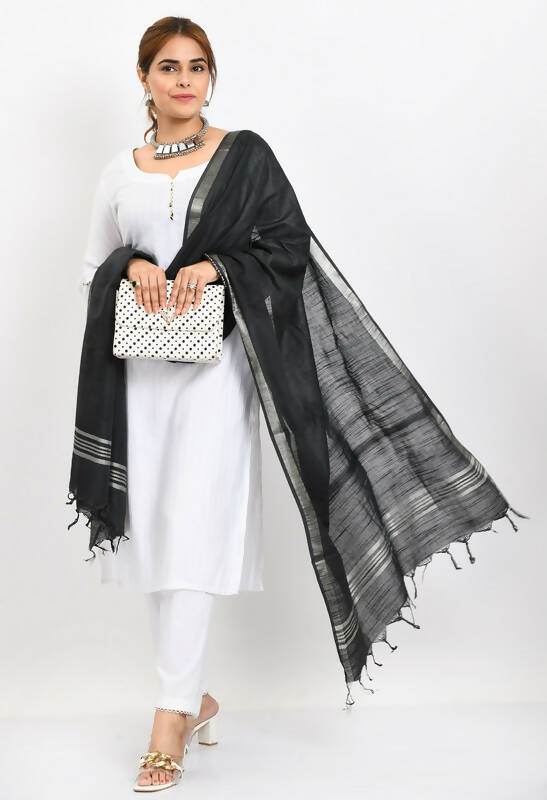 Black Linen Cotton Dupatta with Elegant Silver Border
