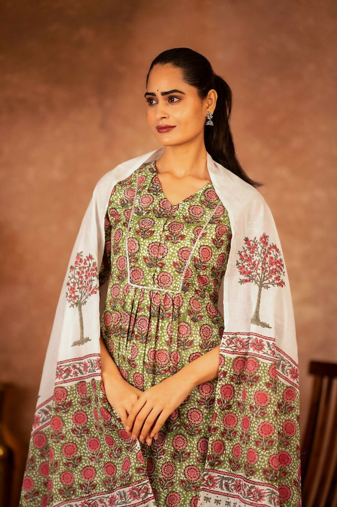 Green Hand Block Printed Cotton Suit Set for Women