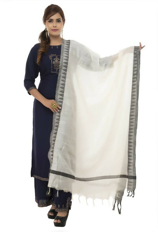 Off white cotton dupatta featuring a bold black temple border detail