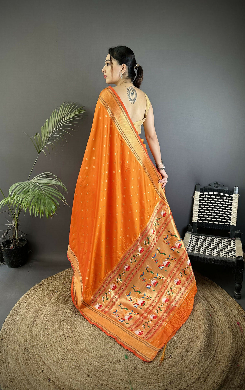 Orange Butti Woven Soft Lichi Silk Paithani Saree