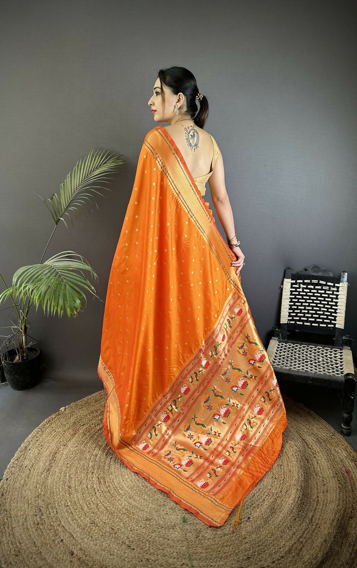Orange Butti Woven Soft Lichi Silk Paithani Saree