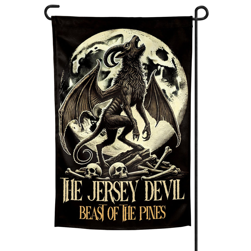 Jersey Devil Beast of the Pines garden flag in black and cream on a metal ground stake.
