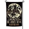 Jersey Devil Beast of the Pines garden flag in black and cream on a metal ground stake.