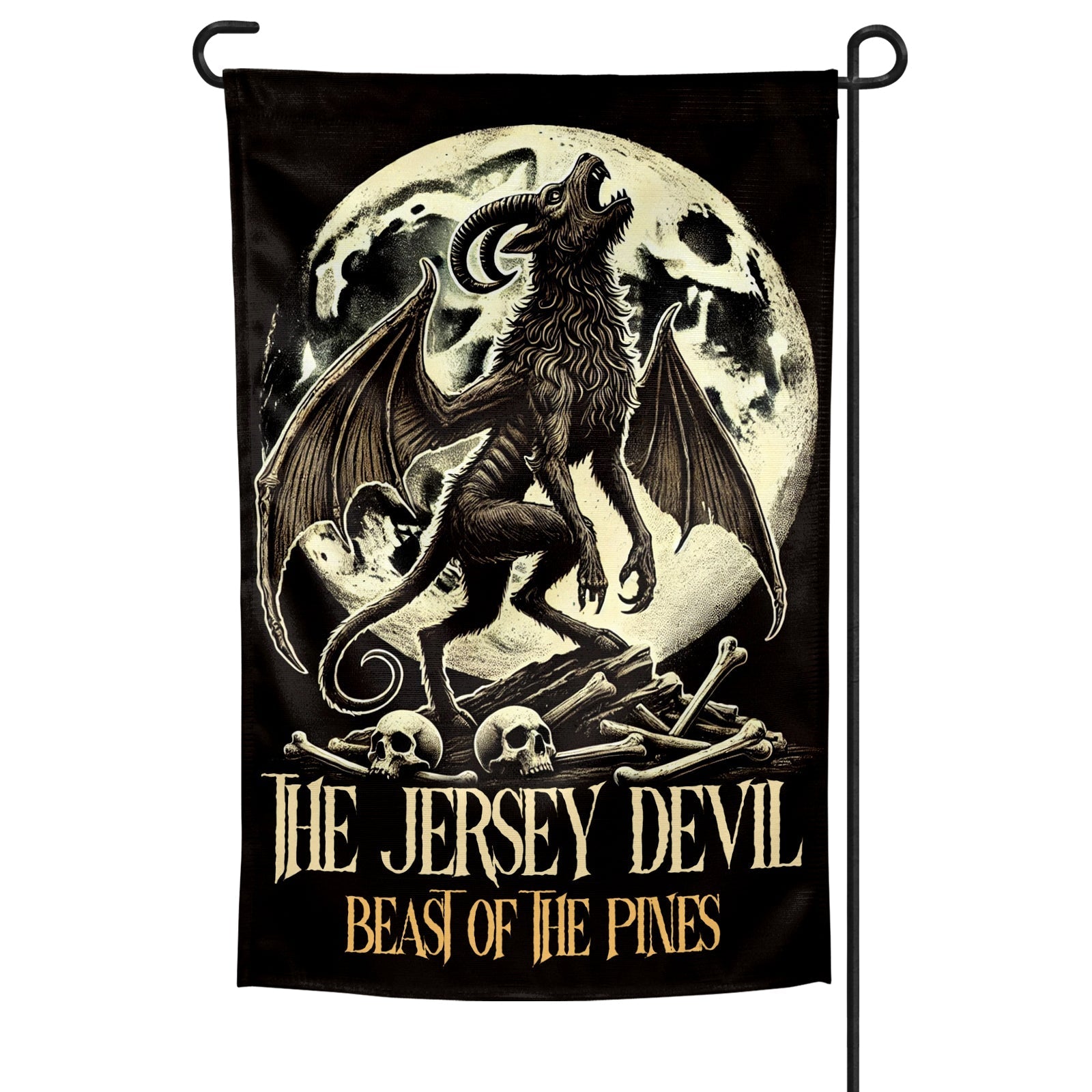 Jersey Devil Beast of the Pines garden flag in black and cream on a metal ground stake.