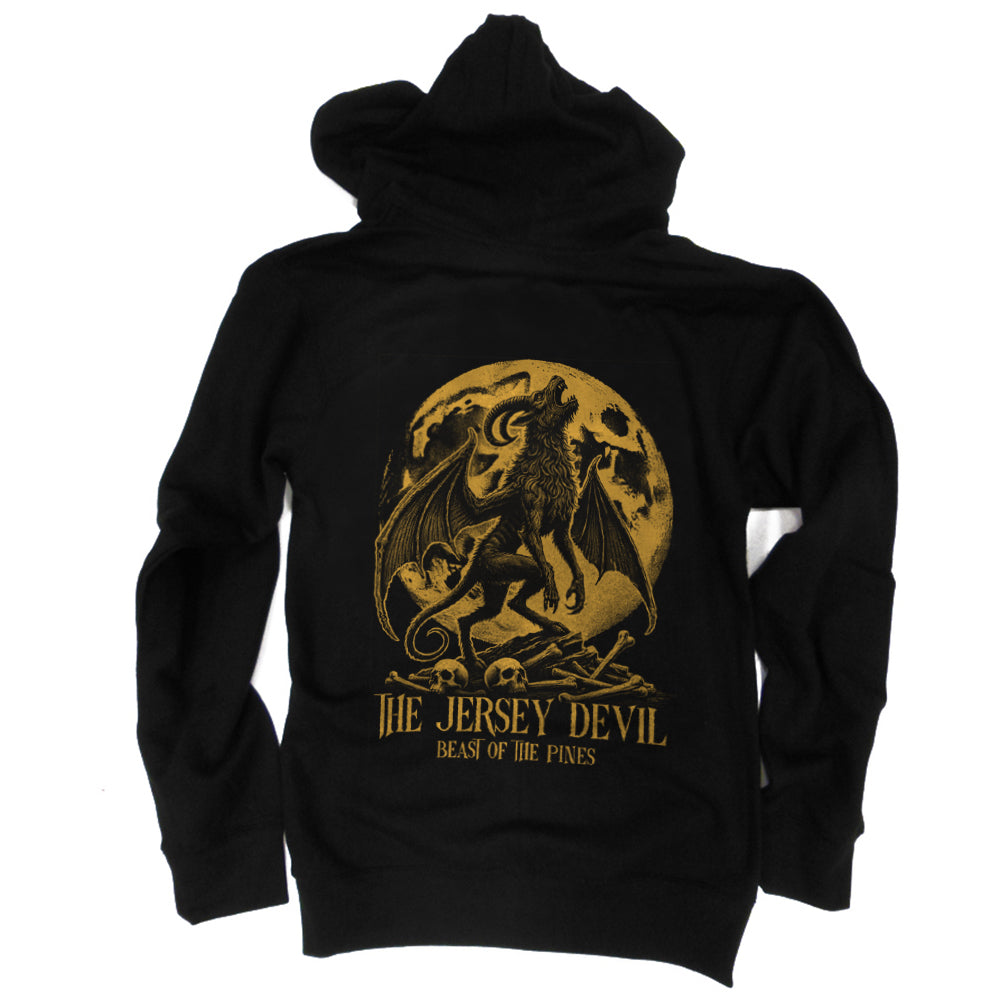Jersey Devil Beast of the Pines zip-up hoodie featuring detailed cryptid graphic print on front.