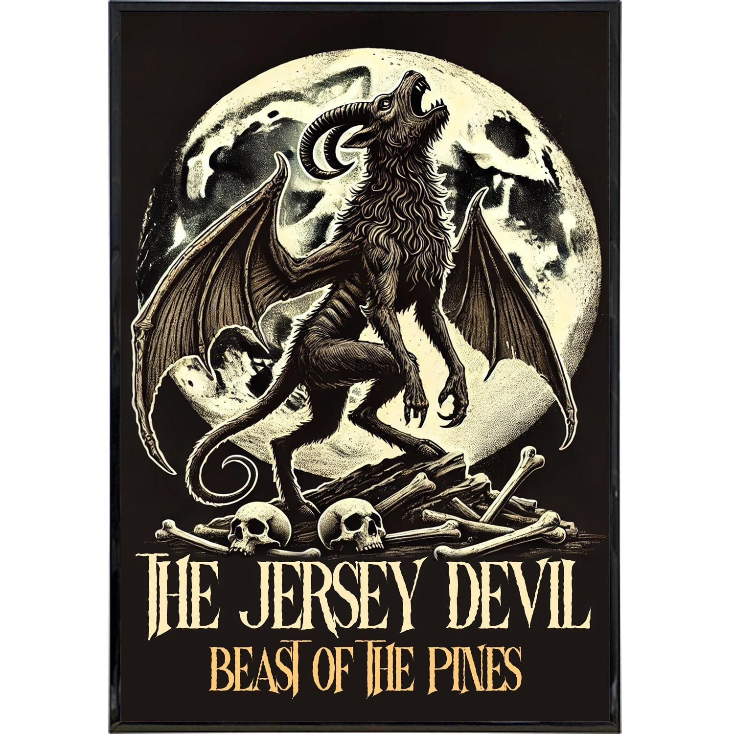 Jersey Devil Beast of the Pines poster print featuring a winged cryptid howling under a full moon.