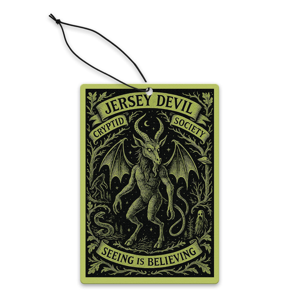 Jersey Devil Cryptid Society air freshener with black and chartreuse gothic abstract illustration
