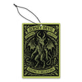 Jersey Devil Cryptid Society air freshener with black and chartreuse gothic abstract illustration