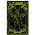 A gothic black and green Jersey Devil Cryptid Society flag displayed on a wall.