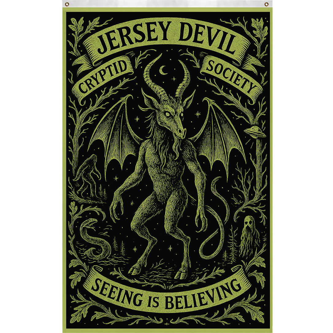 A gothic black and green Jersey Devil Cryptid Society flag displayed on a wall.