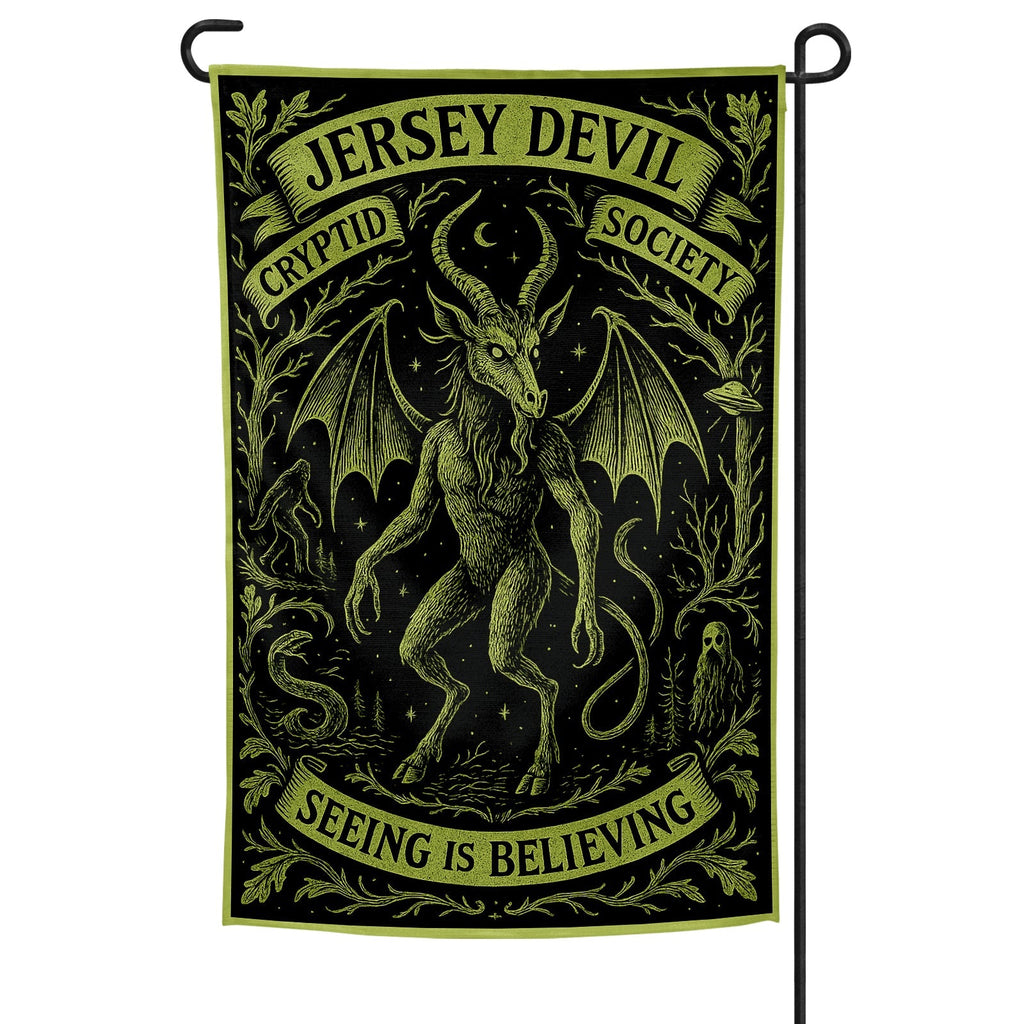 Jersey Devil Cryptid Society garden flag featuring a black and green illustration of the beast in a dark forest.