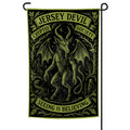 Jersey Devil Cryptid Society garden flag featuring a black and green illustration of the beast in a dark forest.
