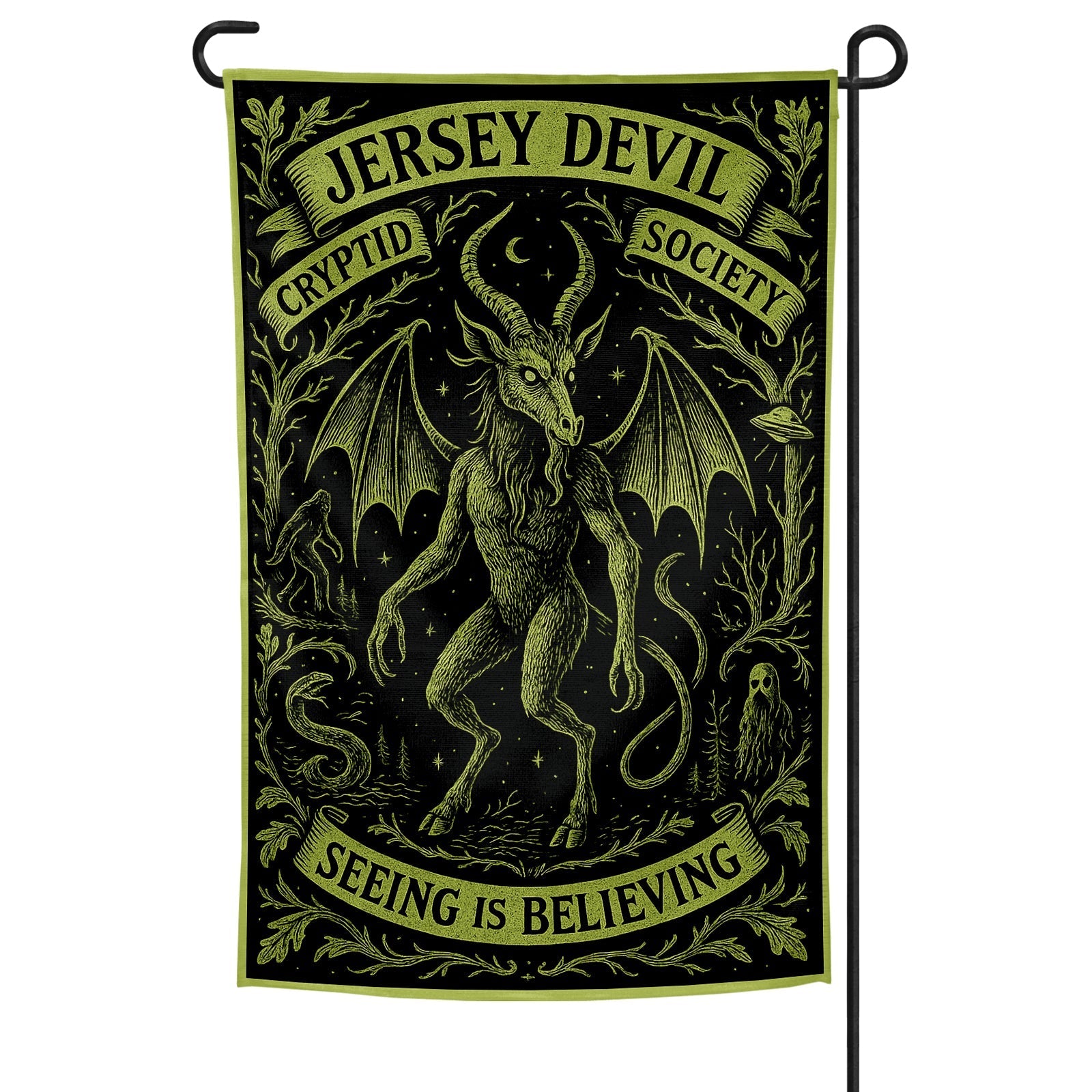 Jersey Devil Cryptid Society garden flag featuring a black and green illustration of the beast in a dark forest.