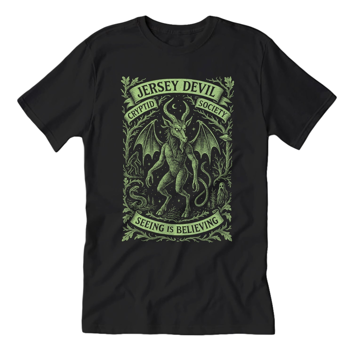 Jersey Devil Cryptid Society graphic t-shirt with vintage-style club crest emblem
