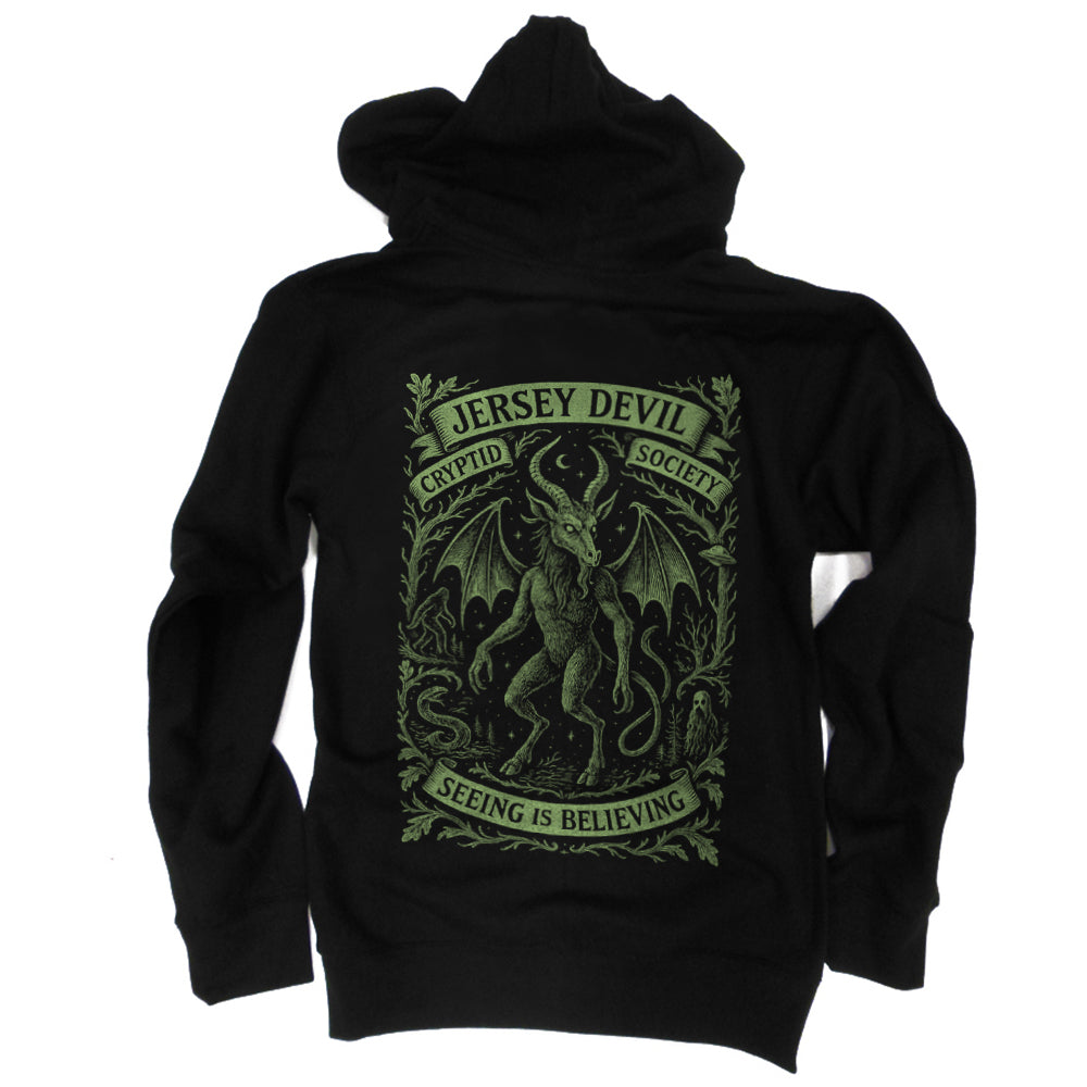 Jersey Devil Cryptid Society zip-up hoodie with toxic-green Leeds Devil graphic logo.