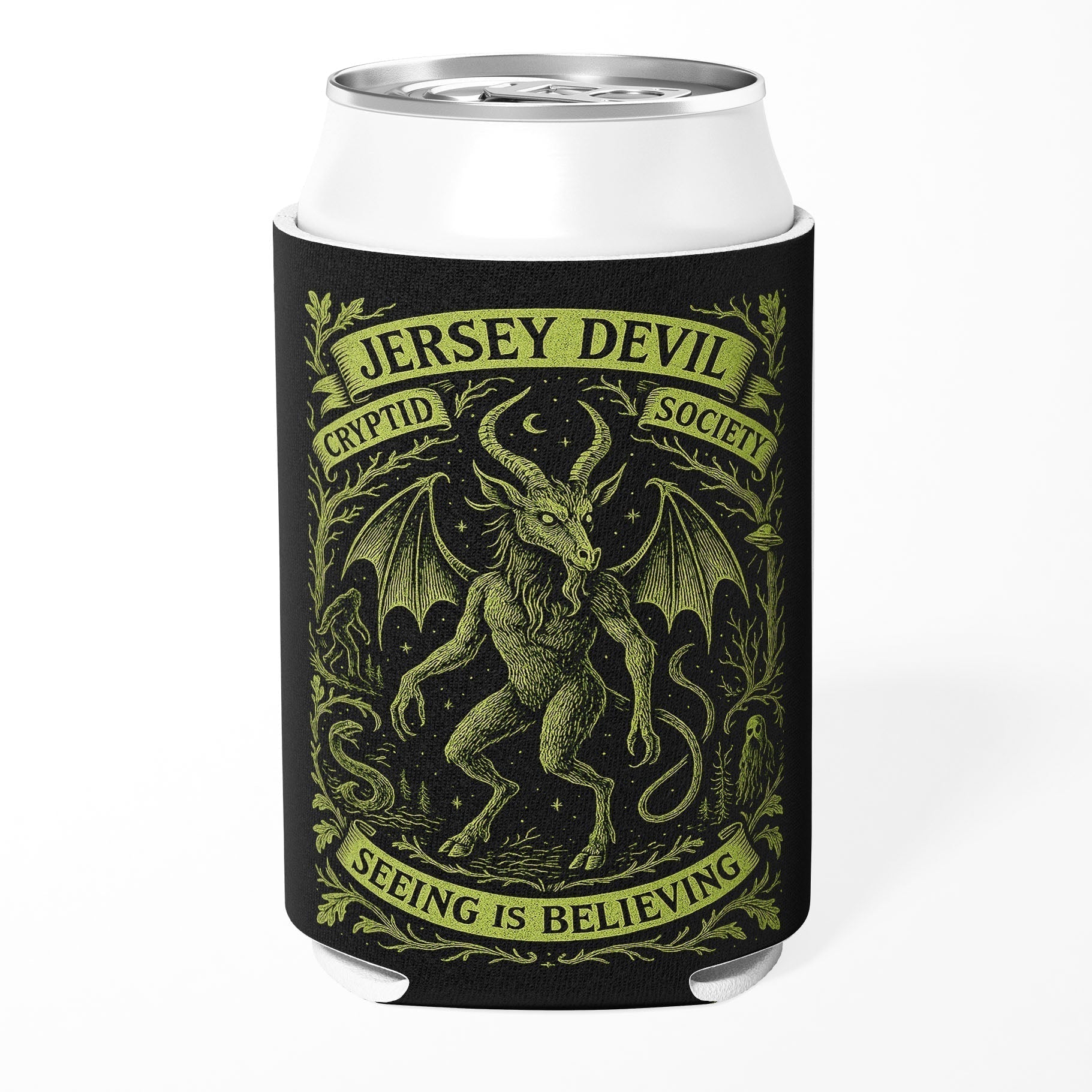 Jersey Devil Cryptid Society thermal can cooler featuring pine barrens inspired artwork