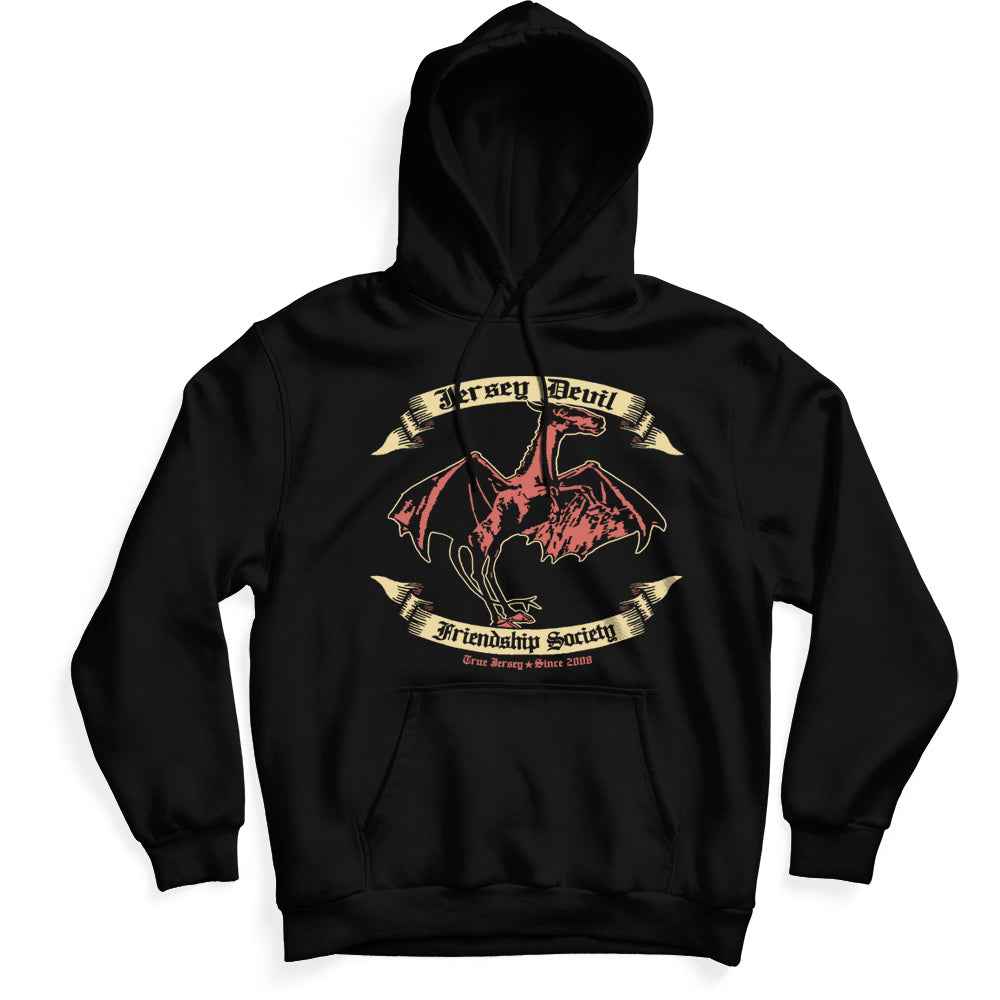Unisex relaxed fit black cotton hoodie with vintage red and cream Jersey Devil graphic
