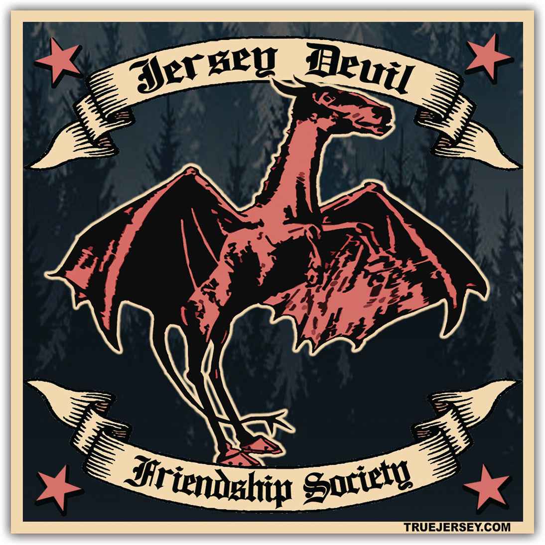 Jersey Devil Friendship Society illustrative sticker for fans of NJ folklore