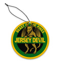 Jersey Devil highway sign shaped air freshener in green, yellow, and black colors.