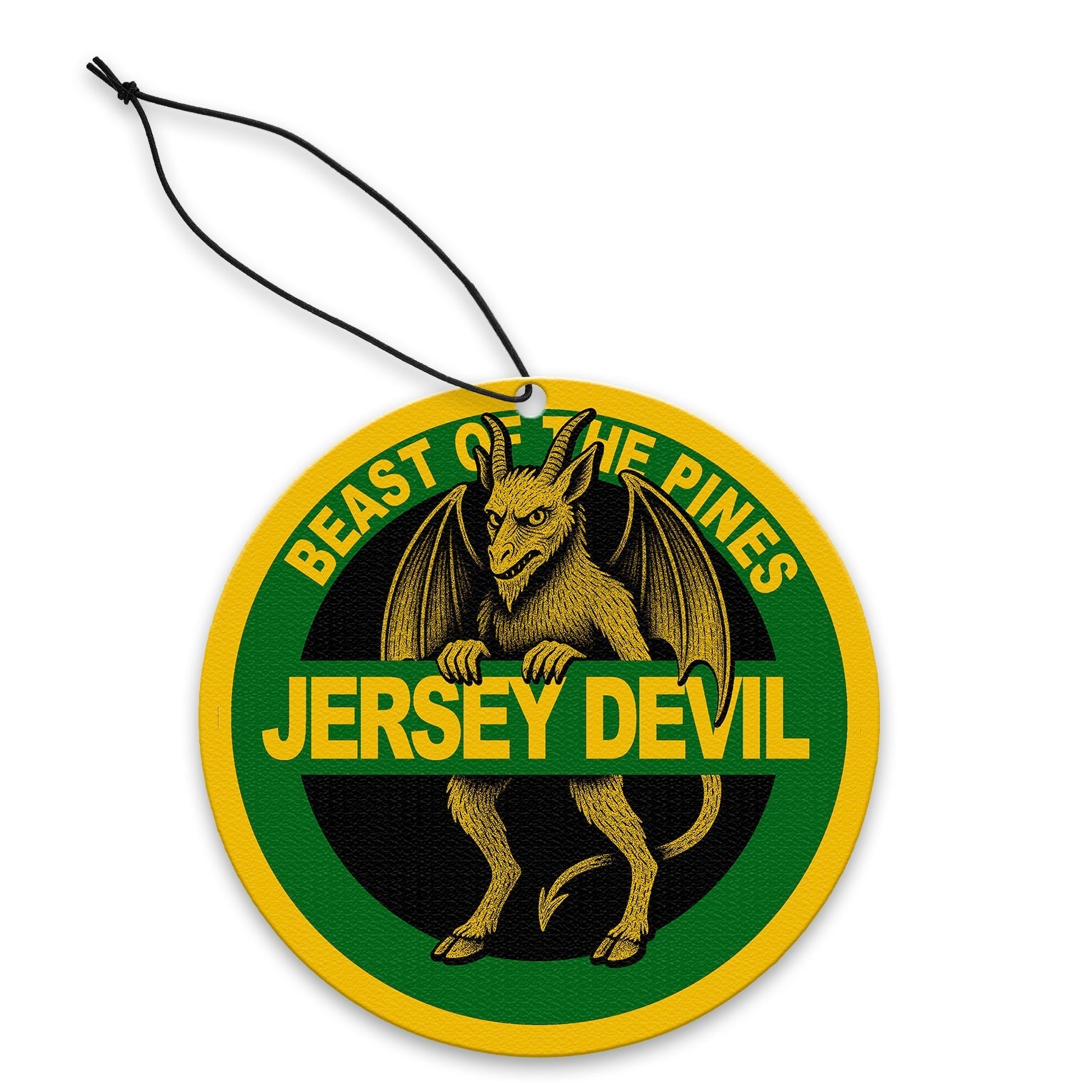 Jersey Devil highway sign shaped air freshener in green, yellow, and black colors.