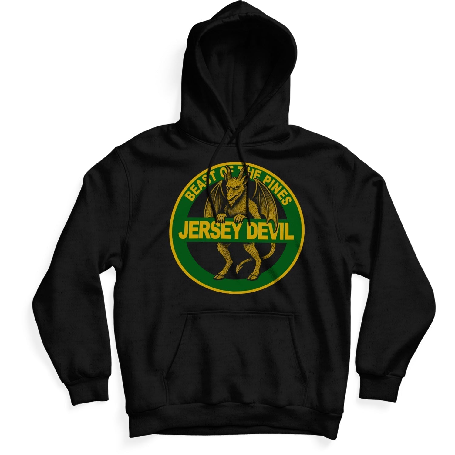 Jersey Devil highway sign graphic hoodie in a green and white design on a premium sweatshirt