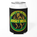 Jersey Devil highway sign graphic can cooler in black, green, and yellow on a white background
