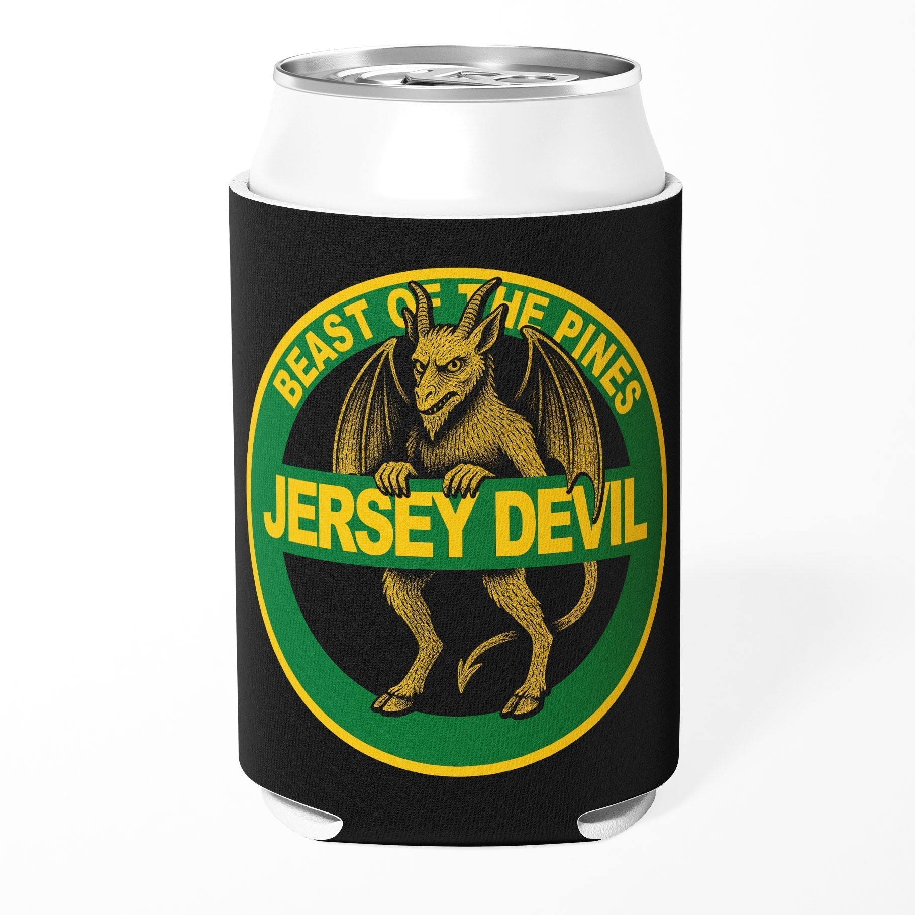Jersey Devil highway sign graphic can cooler in black, green, and yellow on a white background