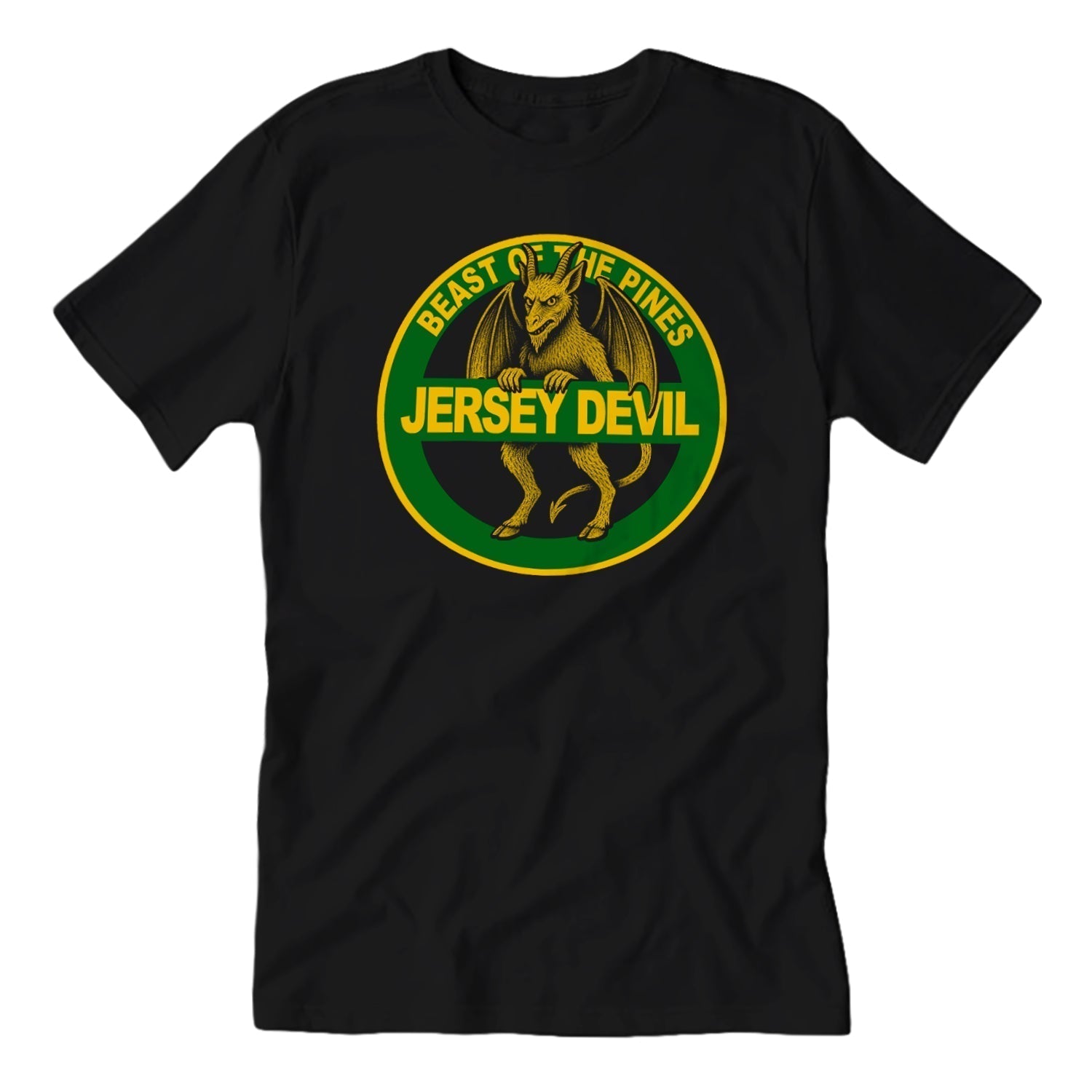 Close up of the Jersey Devil Highway Sign graphic printed on a high-quality streetwear t-shirt.