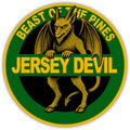 Jersey Devil highway sign magnet featuring green, yellow, and black colors for eclectic home decor