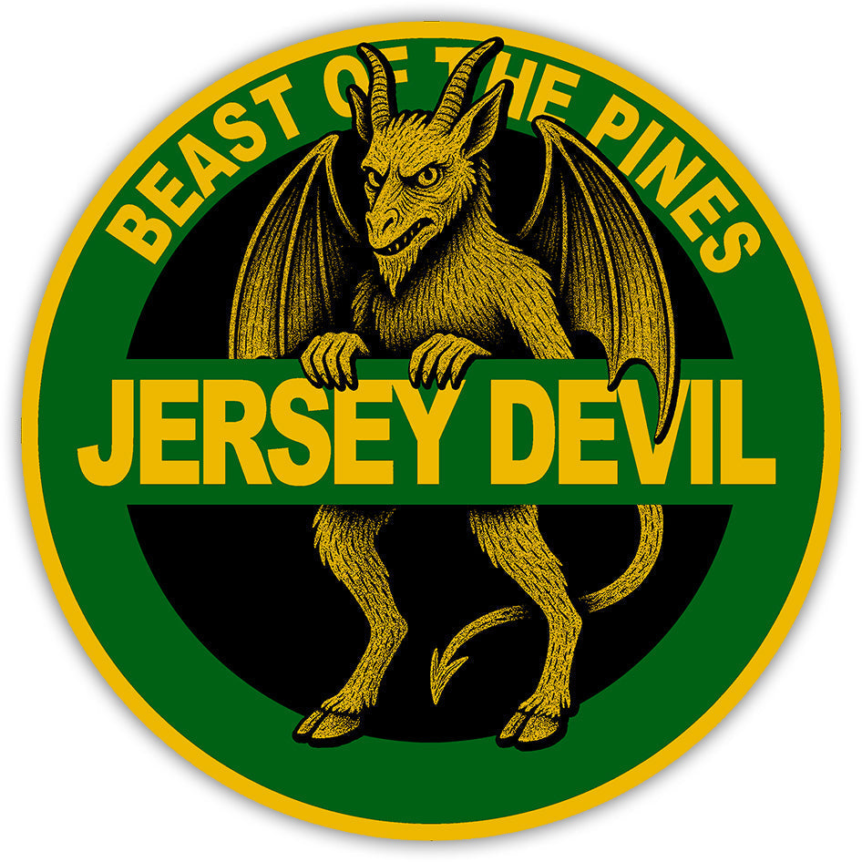 Jersey Devil highway sign magnet featuring green, yellow, and black colors for eclectic home decor